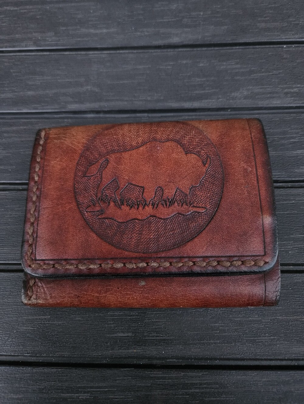 Vintage Mens Leather Trifold Wallet Tooled Bison Buffalo Western Cowboy Rustic